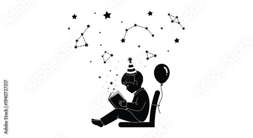 A young boy engrossed in a book under a starry night sky with a birthday theme silhouette high quality professional detailed