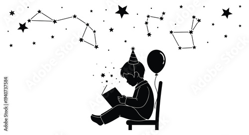 A child wearing a party hat reads a book amidst constellations and sparkling stars a captivating silhouette high quality professional detailed