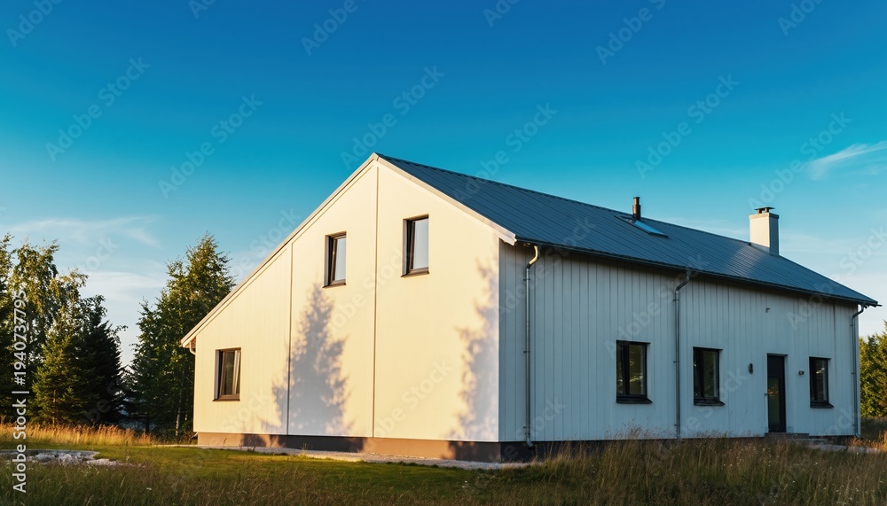 Obraz premium Modern white house exterior with sunny facade and tree shadows, blue sky