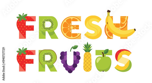 Colorful typography spells fresh fruits using fruit shapes creating a vibrant and playful design silhouette high quality professional detailed modern elegant