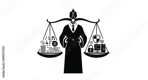 Justice law balance scale with judge or lawyer in black and white illustration for legal concept of equality and fairness