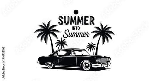 Vintage summer scene featuring palm trees a classic car and bold typography presented as a striking silhouette high quality professional detailed