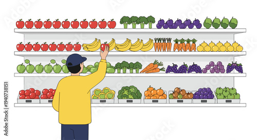 A man wearing a yellow shirt and a blue cap is seen from the back, reaching for a red apple on a brightly lit supermarket shelf filled with various fruits and vegetables.