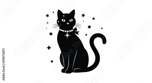 A charming black cat sits amidst twinkling stars a delightful and whimsical illustration in silhouette high quality professional detailed modern elegant