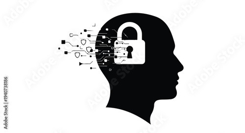 Secure mind protected brain with padlock and scattered thoughts concept for security safety and mental protection