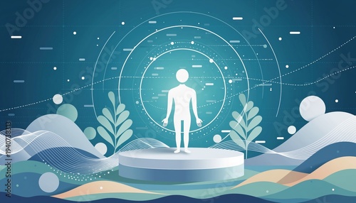 AI generated human silhouette on platform in abstract digital landscape