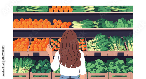 A woman with long brown hair, wearing a white shirt, is observed from the back as she examines shelves filled with oranges and various green leafy vegetables in a dimly lit grocery store.