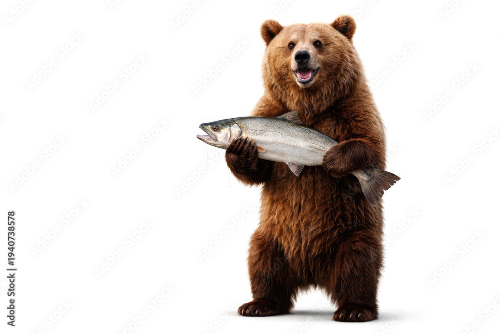 Fototapeta premium Brown bear holding a large fish on a white background. Space for text.