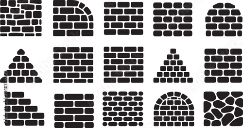 Brick and stone wall texture collection set, masonry patterns including cobblestone arch brickwork pyramid and seamless black vector illustration