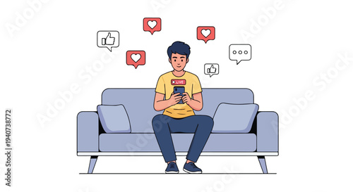 A young man sits on a couch, scrolling through his phone with social media influence symbols floating above, in a flat 2D illustration with a modern and minimalist style.