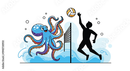 A vibrant illustration depicts a volleyball game with an octopus spectator featuring a dynamic black silhouette high quality professional detailed modern