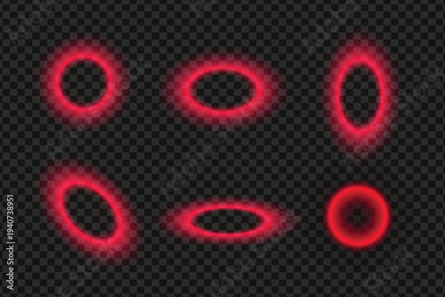 Set of red neon glowing rings luxury light effect circles isolated on transparent background