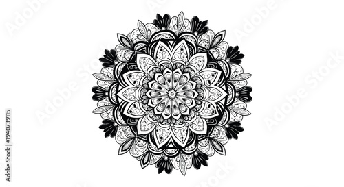 Intricate black and white mandala design featuring detailed floral patterns and symmetrical elements a stunning silhouette high quality professional modern elegant