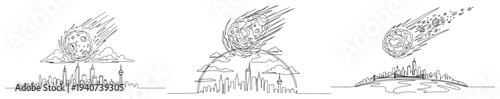 Meteor falling over city skyline in continuous line drawing style, asteroid impact disaster and apocalypse concept set
