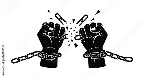 Two hands powerfully break apart a chain symbolizing freedom and strength in a striking silhouette high quality professional detailed modern elegant