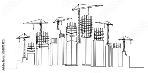 Construction site skyline with cranes and building skyscrapers in continuous one line drawing style, urban development concept