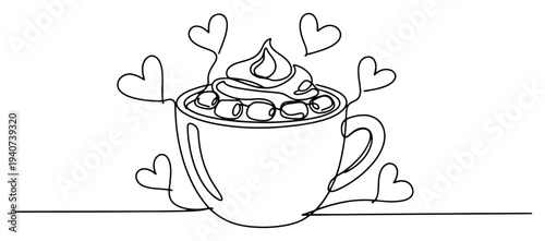 Hot chocolate cup with whipped cream and hearts continuous line drawing, cozy cocoa mug with marshmallows and love symbols