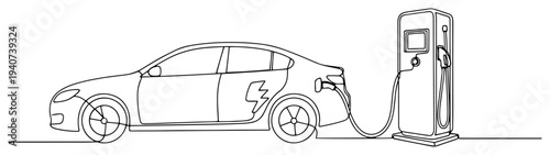 Electric car charging at station continuous line drawing, EV vehicle power charging point for eco friendly transport