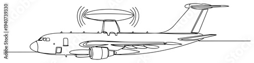 AWACS surveillance aircraft with radar dish continuous line drawing, military early warning and control system plane
