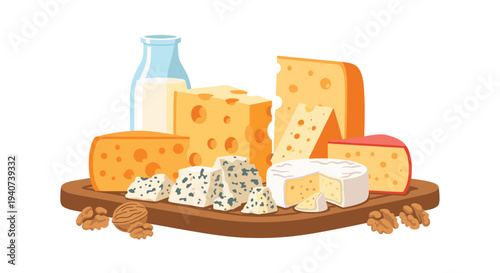 A diverse selection of approximately ten different cheese varieties, including large blocks of Swiss and cheddar, is displayed with a milk bottle and walnuts on a dark brown wooden board.