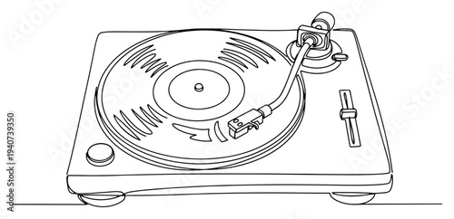 Vinyl record player turntable continuous line drawing, vintage analog music equipment and audio device