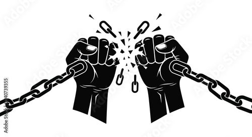 Powerful hands dramatically breaking heavy chains symbolizing freedom and strength presented in a striking silhouette high quality professional detailed modern elegant
