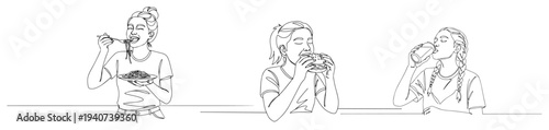 Woman eating and drinking set in continuous line drawing style, girl eating pasta and hamburger and drinking water minimalist art