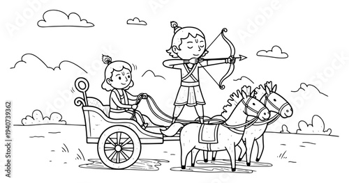 Ancient Indian chariot with archer and driver pulled by two horses, mythological epic battle scene in outline style