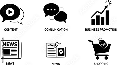 black Social media and ecommerce marketing icons set of 5, content communication business promotion news and shopping symbols