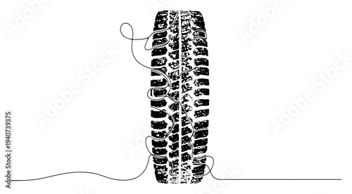 Car tire wheel with deep tread and continuous line art, automotive transport and rubber equipment