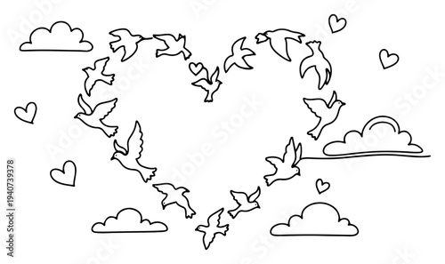 Flock of birds flying in heart shape continuous line drawing, love and freedom nature concept with clouds