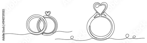 Wedding rings with heart continuous line drawing, engagement and marriage love symbol set