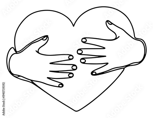 Hands hugging heart shape line art, self love and care concept with embrace gesture symbol