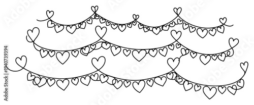 Heart garland bunting decoration for Valentine Day or wedding anniversary, minimalist continuous line drawing ornament