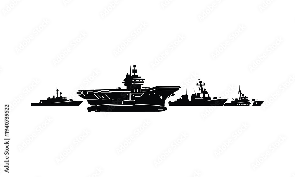 Fototapeta premium Silhouette of a naval fleet including an aircraft carrier at sea