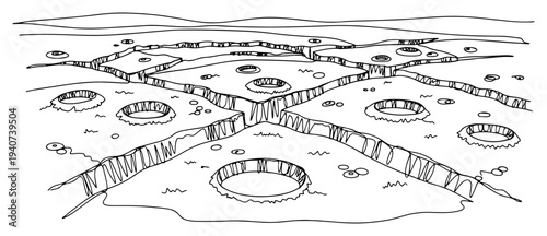 Alien planet surface with craters and cracks in continuous line drawing style, moon landscape or extraterrestrial terrain
