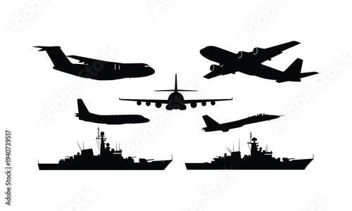 Silhouettes of various military vehicles including planes and naval ships