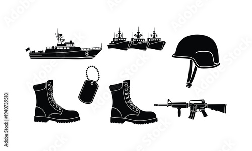 Military equipment including ships helmet boots and a rifle depicted in silhouette