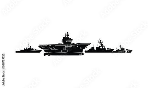 Silhouette of a naval fleet including an aircraft carrier at sea