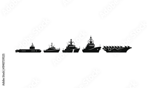 Silhouette lineup of various naval vessels including a submarine and aircraft carrier