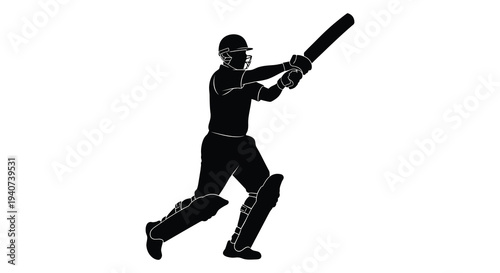 A black silhouette of a cricket batsman in mid swing powerfully hitting the ball during a game silhouette high quality professional detailed