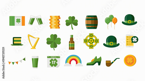 A vibrant collection of St. Patrick's Day icons featuring leprechauns, shamrocks, rainbow, coins, beer, festive hats in a digital illustration for a party, invitation, postcard, ads or banner.