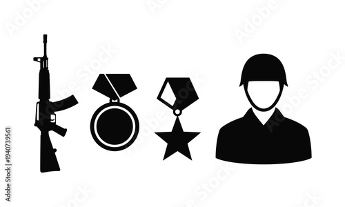 Military symbols including a rifle medals and a soldier s silhouette
