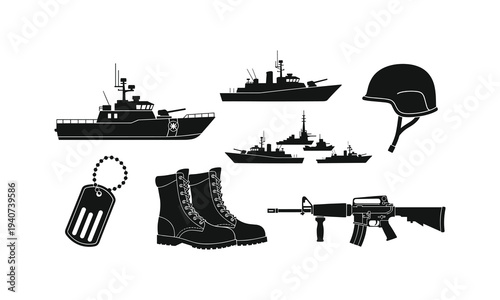 Military silhouettes depicting naval vessels gear and protective equipment