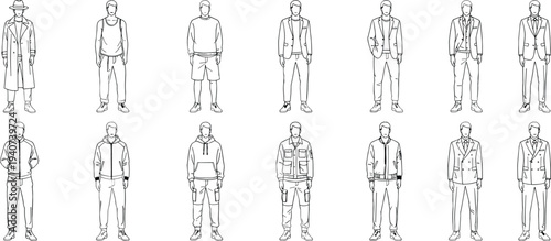 Large collection of black and white outline icons showing diverse men in various fashion outfits including suits coats hoodies and sportswear for lifestyle designs