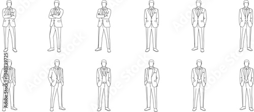 Large collection of black and white outline icons showing professional businessmen in formal suits standing in various poses isolated on white background for corporate designs
