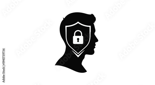 Cybersecurity concept with protected head and padlock shield icon on white background, symbolizing data security and privacy protection