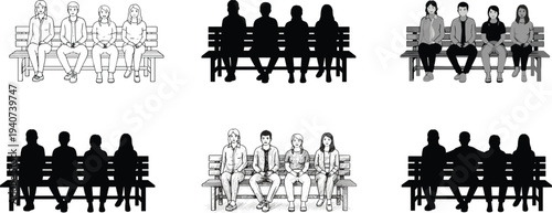 Large collection of black silhouettes and outline drawings showing diverse people sitting on a wooden bench isolated on white background for urban lifestyle designs