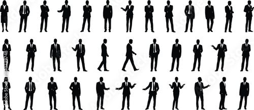 Large collection of black silhouettes showing business people businessmen and businesswomen in formal suits standing walking and gesturing isolated on white background for corporate designs