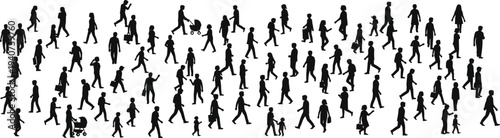 Large collection of black silhouettes showing a massive crowd of diverse people walking standing and traveling isolated on white background for urban lifestyle projects